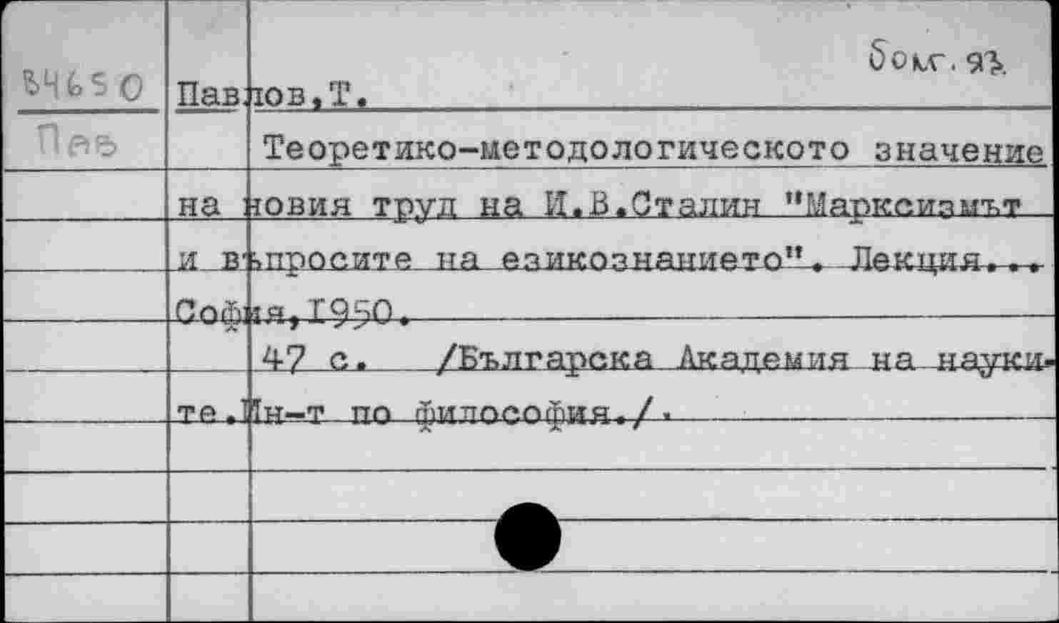 ﻿г	Пав.	6ок,С. $о». тов.Т.
Пае»		Теоретико-методологическото значение
	на	говия труд на И.В.Сталин пИарксизмът_
	|И В' Пп Ж-	^пропита на езикознанието1-!»--Лекция-^«- ;а,Г 9 50 		
—	ТА	47 с» /Българска Академия _на-науки.
		
		